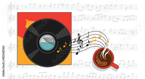 An illustration shows a vintage vinyl record, a steaming coffee cup, musical notes flowing across sheet music, symbolizing the harmonious blend of sound and comfort.