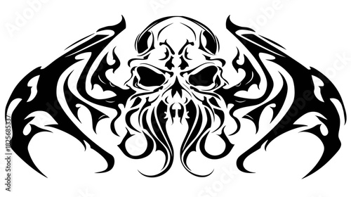 Intricate gothic skull with stylized tentacles and abstract tribal wings. Dark fantasy vector illustration or tattoo design element.