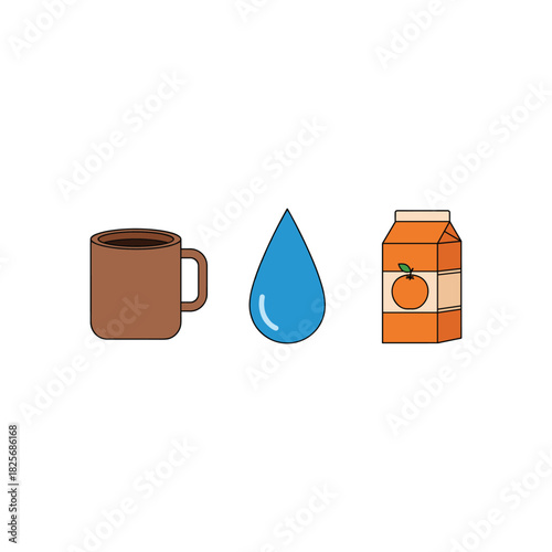 Simple icons representing coffee water and orange juice on a white background
