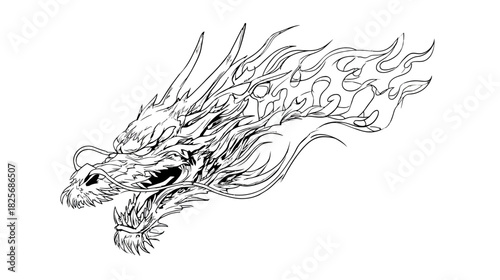 Fierce multi-headed dragon with roaring flames, dynamic black and white line art illustration of a powerful mythical fantasy creature.