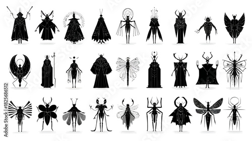 Mysterious black insect silhouettes set. Abstract fantasy bugs, stylized dark arthropod creatures, mystical nature-inspired graphic elements.