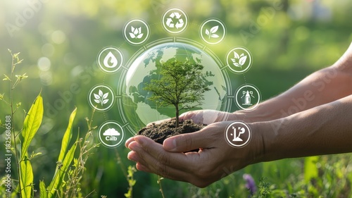 Human hands gently cradle a growing sapling on earth surrounded by environmental sustainability icons