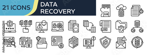 Collection of Data Recovery icons, related to Memory, File History, Computer Crash, Recovery, Archive File and more. Outline icons vector illustation.