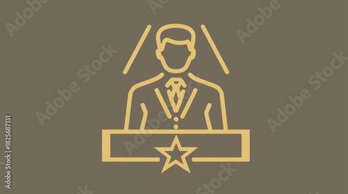 Public speaker at podium icon with star, golden outline on brown background. Symbol for presentation, leadership, success, business event, award ceremony.