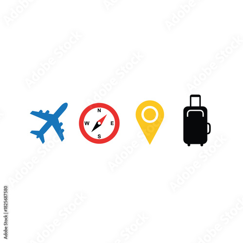 Travel icons airplane compass map pin and suitcase on white background
