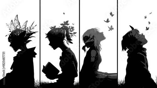 Artistic silhouettes of diverse figures with natural and fantasy elements: butterflies, floral adornments, reading, and contemplation.