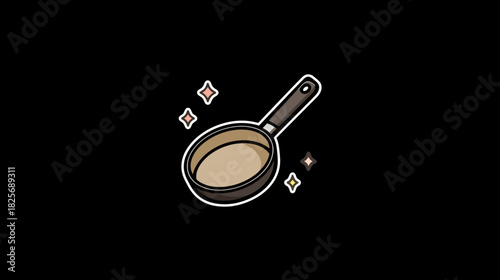 Cartoon illustration of a clean, empty frying pan or skillet with sparkles on a black background. Kitchen utensil for cooking.