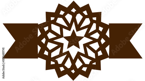 Elegant Brown Ornamental Star Emblem with Geometric Pattern and Ribbon Banner. Vector Graphic Design Element.