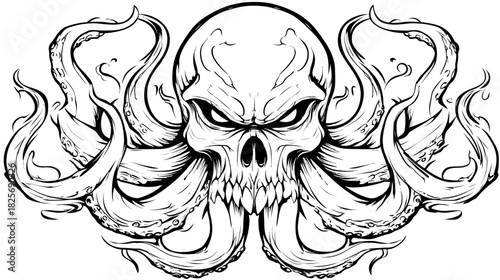 Intense Black and White Vector Illustration of a Demonic Skull with Aggressive Octopus Tentacles, Gothic Tattoo Design Element
