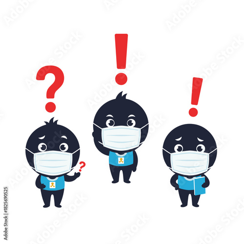 Cartoon characters wearing face masks depict confusion, understanding, and concern, symbolizing questions and answers in a health awareness context.