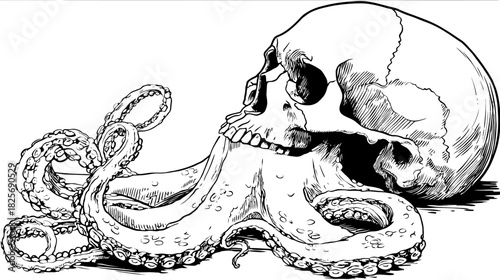 Black and white ink illustration of an octopus gripping a human skull, symbolizing mortality, mystery, and the depths of existence.