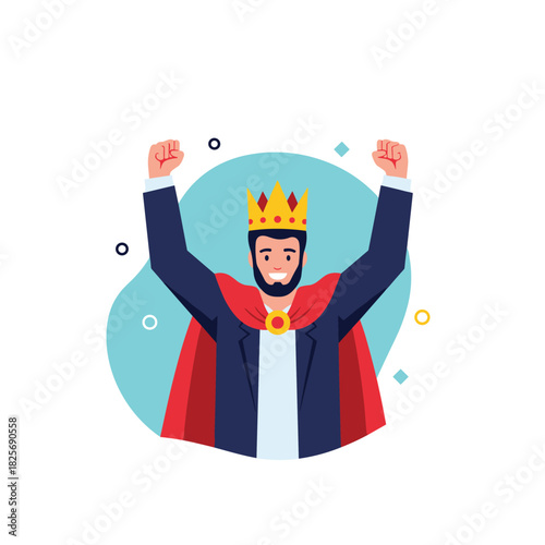 An illustration of a victorious man wearing a golden crown and a red cape, raising his fists in a celebratory pose, representing success and achievement.