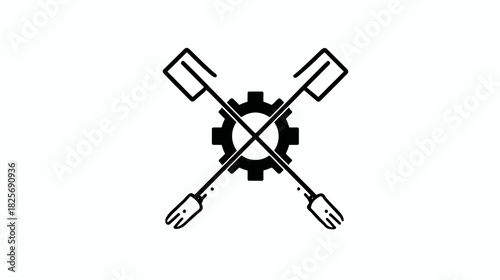 Industrial food concept icon with crossed skewers and a cogwheel. Grill and cooking symbol, mechanical gear, vector illustration.