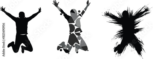 Abstract silhouettes of a jumping person representing freedom, success, and energetic achievement in three distinct black and white vector styles