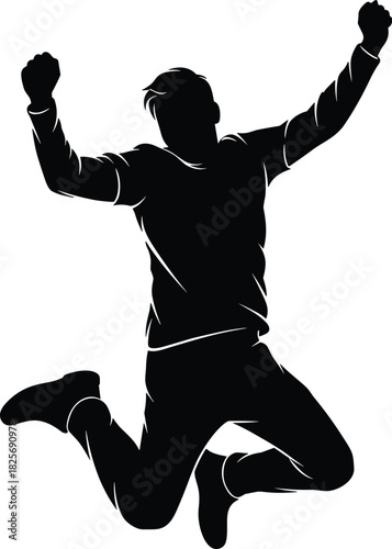 Ecstatic silhouette of an energetic happy man celebrating success, achievement, and victory while jumping high with raised fists on a white background, full body vector illustrationEcstatic silhouette