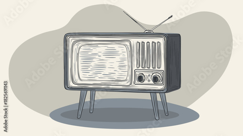 Vintage Retro Television Illustration with Antenna and Rotary Dials, Classic Old Fashioned TV Set for Broadcast Media and Entertainment