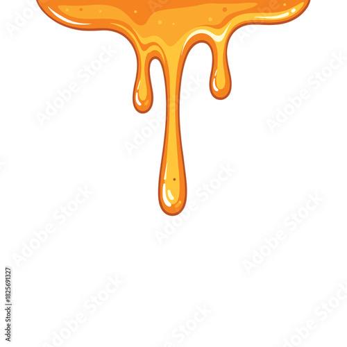 Vibrant illustration of sweet golden honey or viscous syrup slowly dripping downwards, creating an inviting visual on a white background.