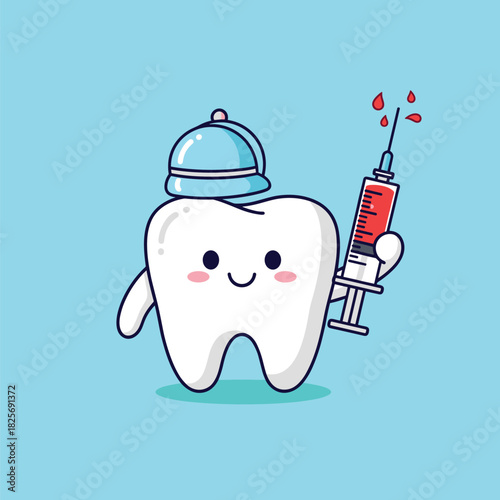 Happy cartoon tooth character wearing a blue hat and holding a syringe with red liquid splashing from the needle on a light blue background.