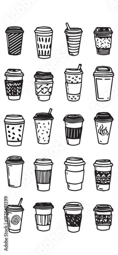 An illustration showcasing a diverse collection of 20 hand-drawn, black and white coffee cups. Each disposable paper cup features a unique pattern or design, ranging from stripes and spots to decorati