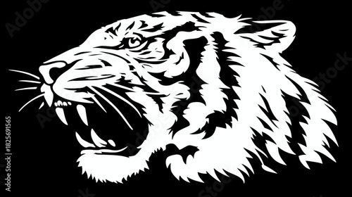 Dynamic White Tiger Head Silhouette Roaring with Bared Fangs Graphic Design Element on Black Background