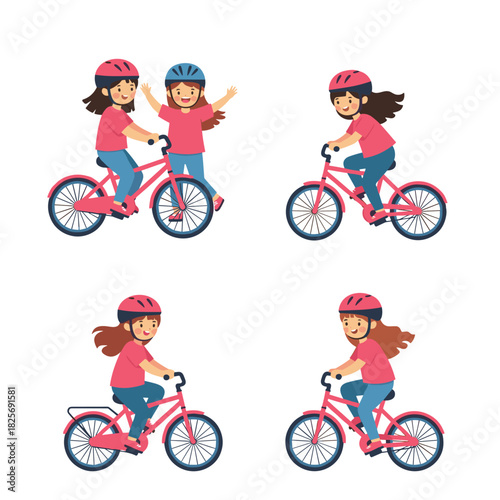 Happy young girls in helmets enjoy riding pink bicycles, with scenes of solo rides and a tandem ride, promoting safety and outdoor fun.