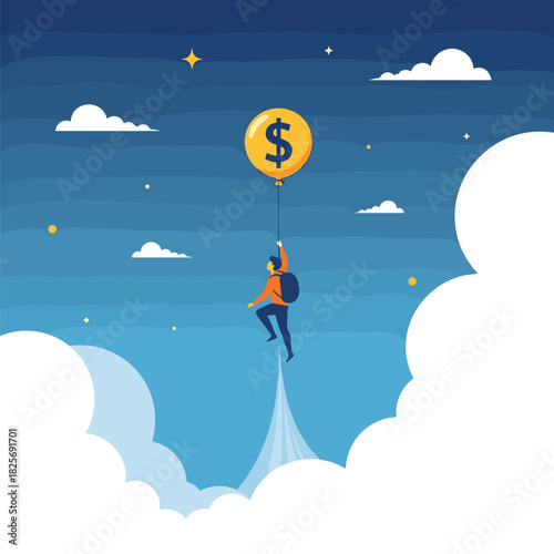 An individual climbs high, propelled by a dollar sign balloon, representing the pursuit of financial success and ambitious goals.