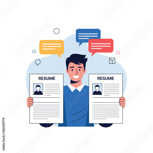 A cheerful man holding two resumes, signifying job search, career development, and professional communication.