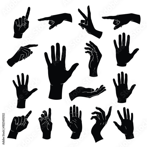 A diverse collection of human hand silhouettes illustrating a range of gestures and poses for communication and expression on a white background.