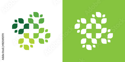 A clean dual-meaning logo combining a leaf with a medical plus, symbolizing natural health, wellness care, and eco-friendly medical solutions.