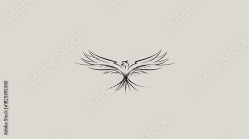 Elegant Stylized Bird with Outstretched Wings, Minimalist Line Art Sketch. Symbolic Phoenix or Eagle Design for Strength and Rebirth.