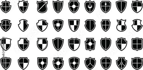 Shield icon collection, medieval security emblem set, protection badge vector symbols for guard, defense, privacy, safety design and heraldic branding projects