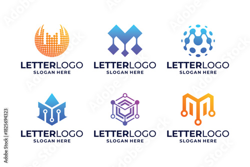Set of letter M logo design with tech, circuit, connect logo concept