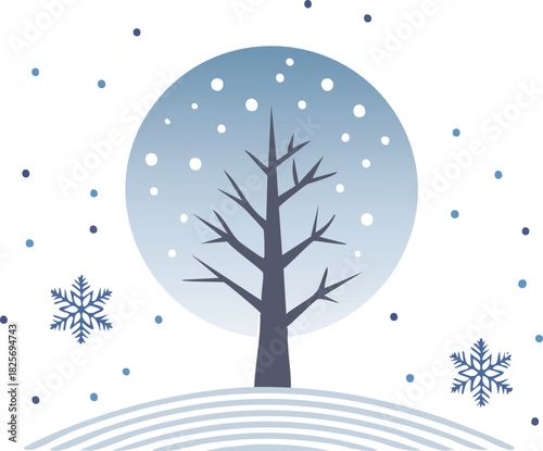 A tranquil winter scene with a solitary leafless tree under a gentle snowfall against a circular blue sky