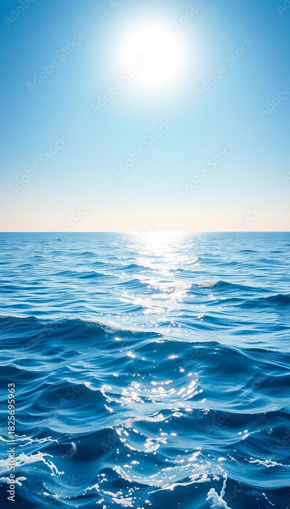 Fototapeta premium Vast, calm blue ocean waves meet a clear horizon under a bright sun, horizon, endless