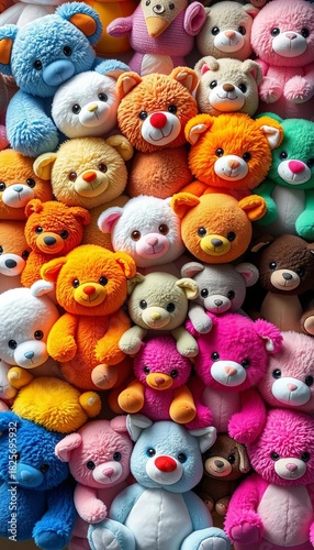 Variety of plush animals in a cheerful, interlocking tessellation ,  repetition,  background