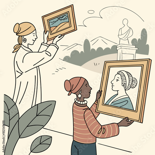 Women Hanging Artworks in Museum or Art Gallery. Curators Arranging Paintings for Exhibition.