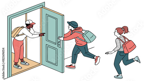 Students Rushing into Doorway with Backpacks. Late for School or Entering a Building.