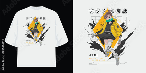cyberpunk 2077 urban hacker girl anime streetwear gaming art vector illustration artwork apparel design t shirt design vector illustration artwork
