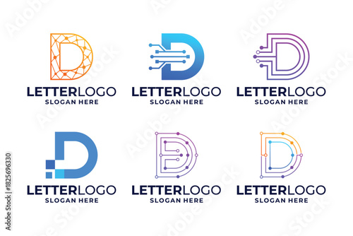 Set of letter D logo design with tech, circuit, connect logo concept