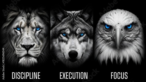 Black and white images of a lion, a wolf and an eagle with blue eyes representing respective qualities.