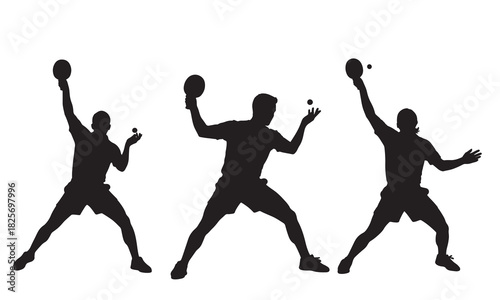Three athletes in action playing table tennis silhouette