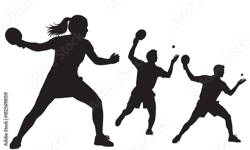 Dynamic silhouette of three people playing racquetball or squash silhouette