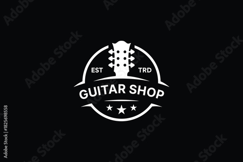 Guitar emblem logo design. Music instrument shop logo