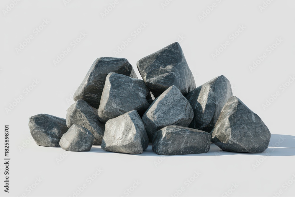 Naklejka premium Pile of smooth gray stones for landscaping design, construction materials, or zen garden inspiration against a clean white backdrop creating a peaceful scene