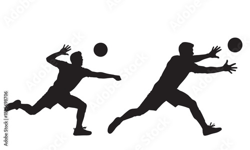 Dynamic silhouette of two athletes playing volleyball in action silhouette