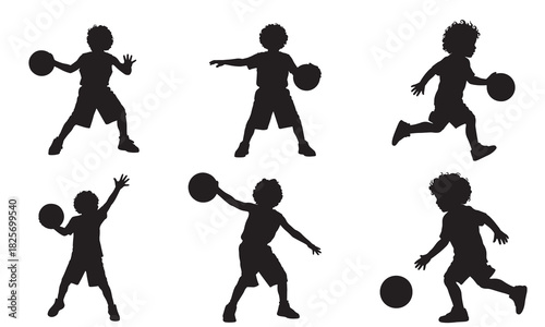 Collection of children playing basketball in silhouette style