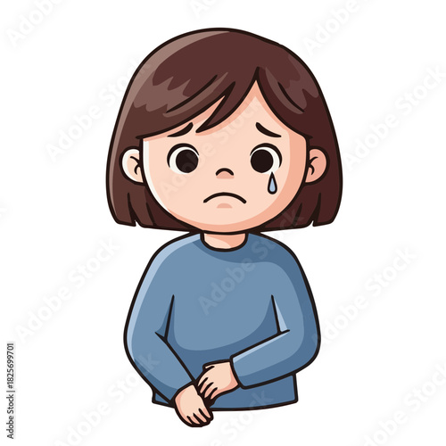 Portrait vector illustration of a young girl sitting and looking very sad, with tears running down her face. Represents sadness, distress, and negative emotion.