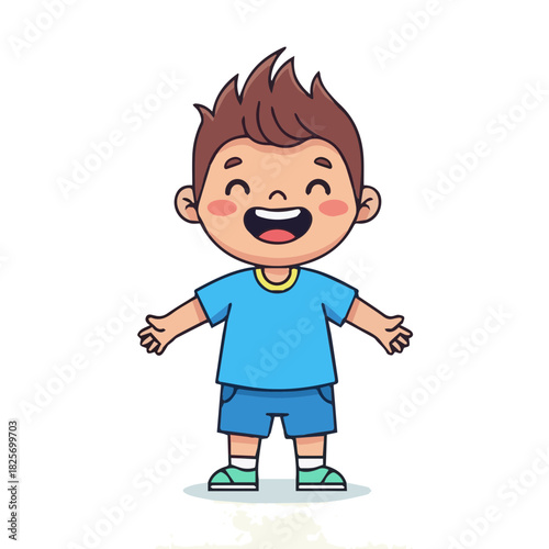Vector illustration of a little boy character smiling widely and jumping with arms raised in excitement. Represents joy, happiness, positive emotion, and enthusiasm.