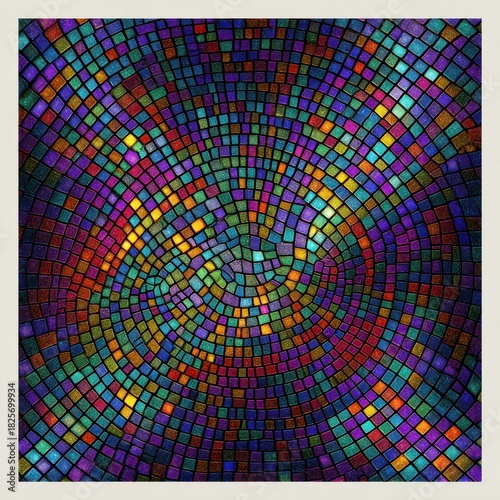 Abstract mosaic design with vibrant colors and radial pattern