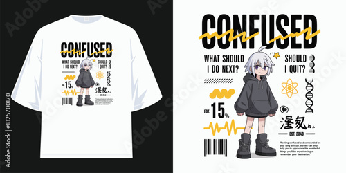 anime boy confused what to do next should i quit black and white graphic design streetwear apparel (t shirt design vector illustration artwork)
